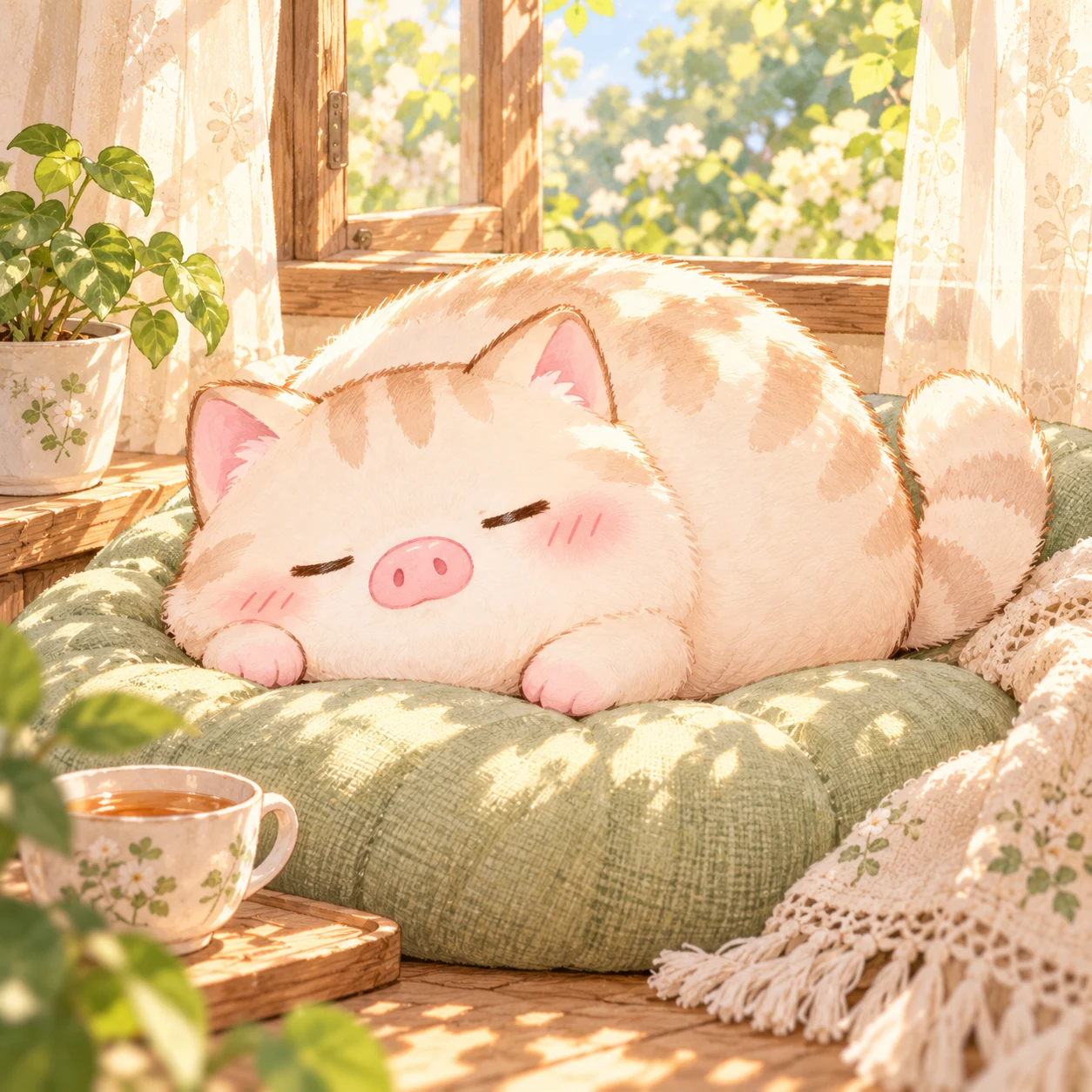 猪咪在阳光照进来的窗边，趴在绿色软垫上睡觉
