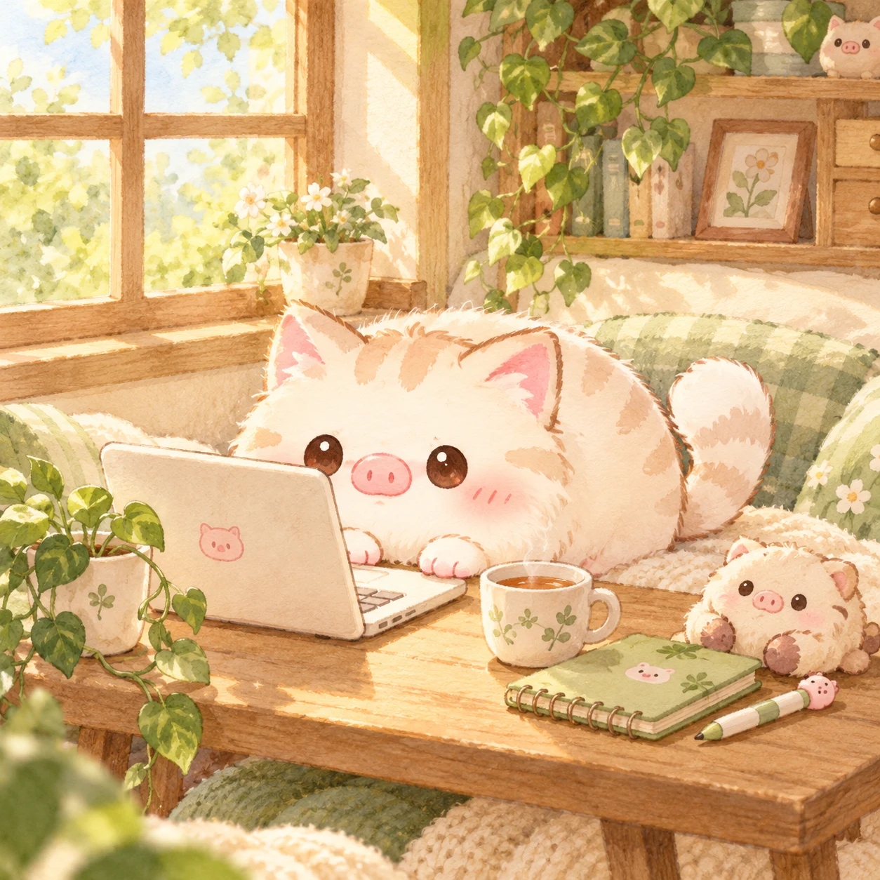 困困的猪咪趴在小电脑前认真工作，旁边陪着奶茶猪玩偶